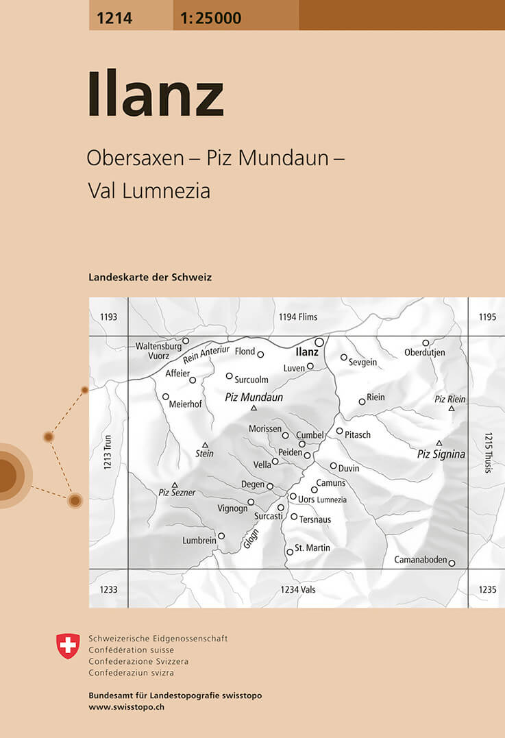Online bestellen: Wandelkaart - Topografische kaart 1214 LLanz | Swisstopo