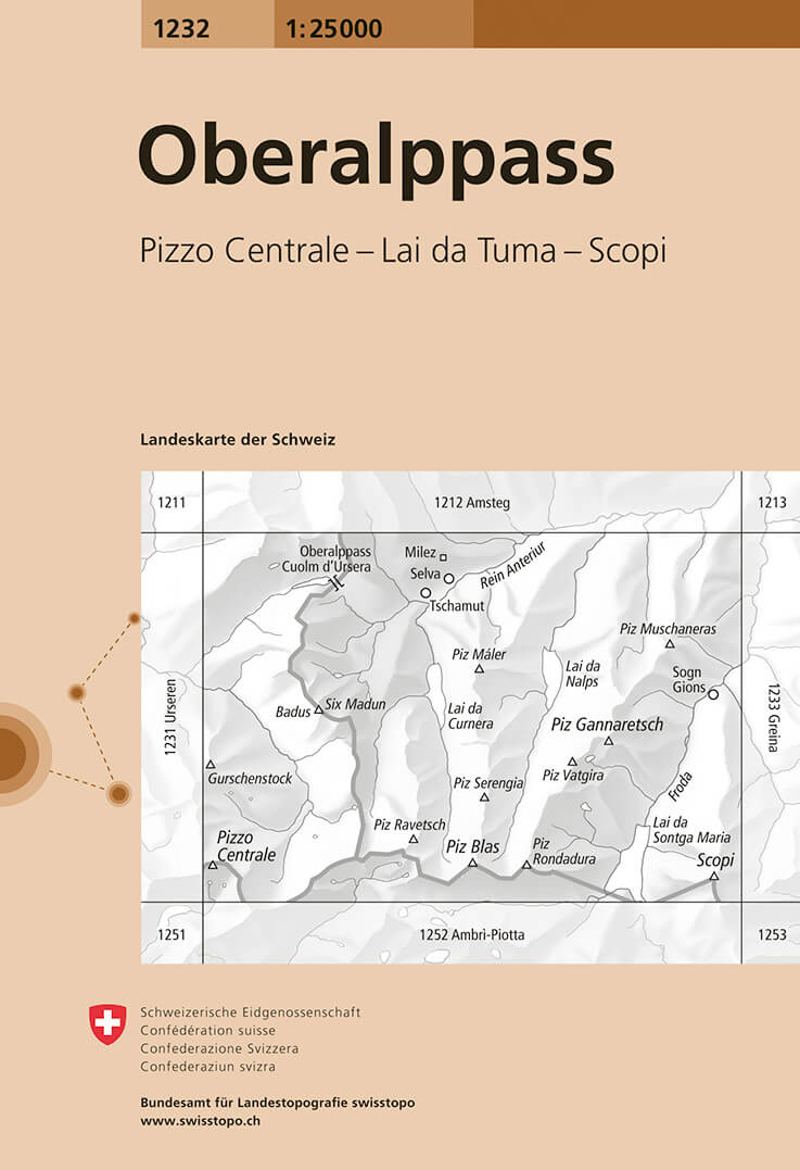 Online bestellen: Wandelkaart - Topografische kaart 1232 Oberalppass | Swisstopo