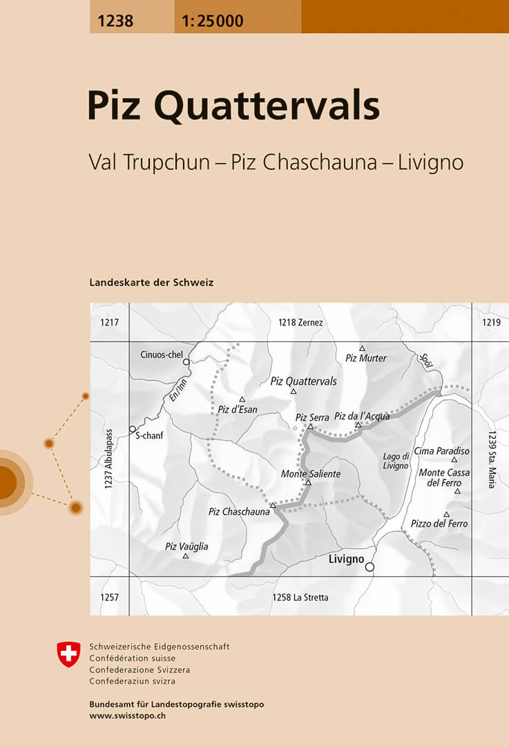 Online bestellen: Wandelkaart - Topografische kaart 1238 Piz Quattervals | Swisstopo