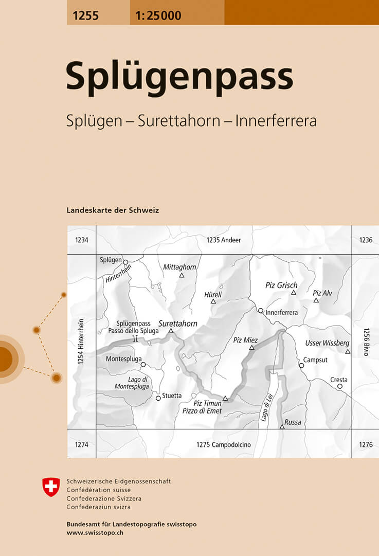 Online bestellen: Wandelkaart - Topografische kaart 1255 Splügenpass | Swisstopo