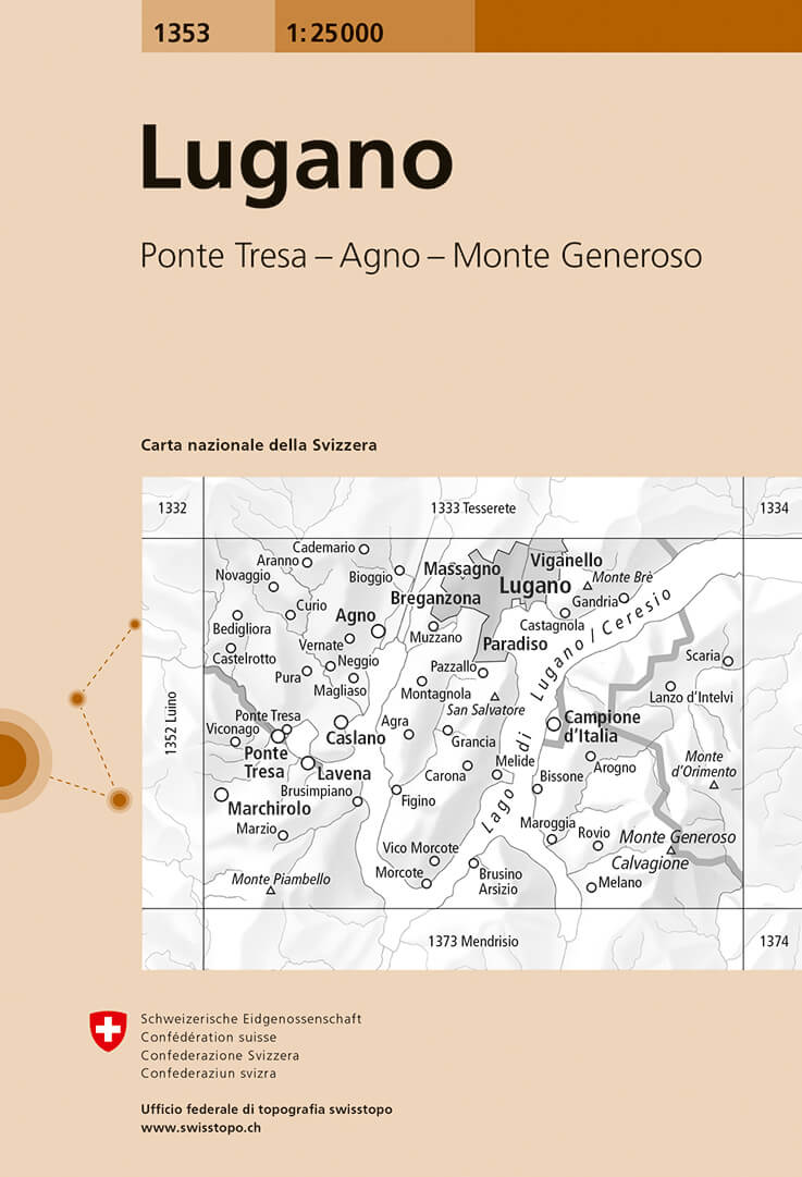 Online bestellen: Wandelkaart - Topografische kaart 1353 Lugano | Swisstopo