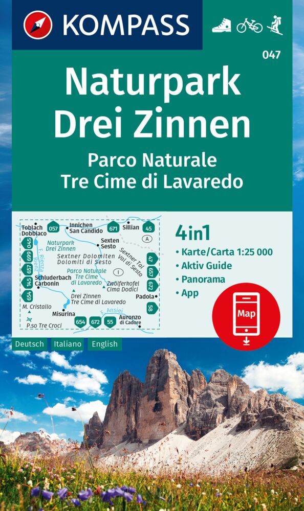 Online bestellen: Wandelkaart 047 Naturpark Drei Zinnen - Parco Naturale Tre Cime di Lavaredo | Kompass