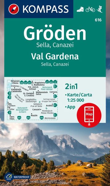 Online bestellen: Wandelkaart 616 Gröden - Val Gardena - Sella - Canazei | Kompass
