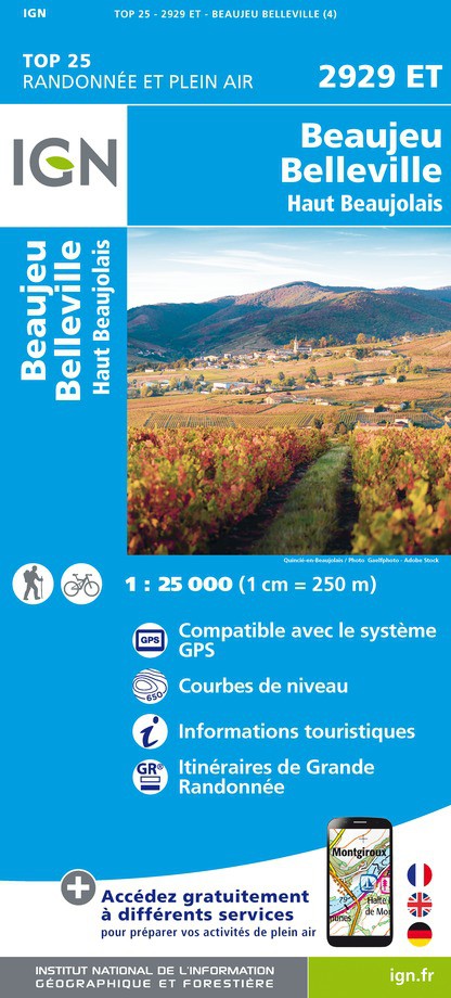 Online bestellen: Wandelkaart - Topografische kaart 2929ET Beaujeu - Belleville - Haut Beaujolais - Rhônevallei - Bourgondië | IGN - Institut Géographique National