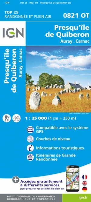 Online bestellen: Wandelkaart - Topografische kaart 0821OT Presqu'Ile de Quiberon - Auray - Carnac Bretagne | IGN - Institut Géographique National