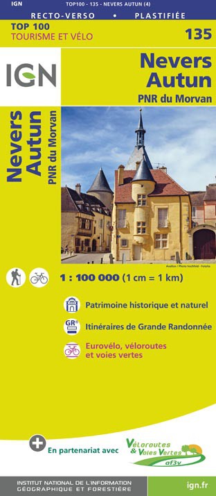 Online bestellen: Fietskaart - Wegenkaart - landkaart 135 Nevers - Autun - Morvan | IGN - Institut Géographique National