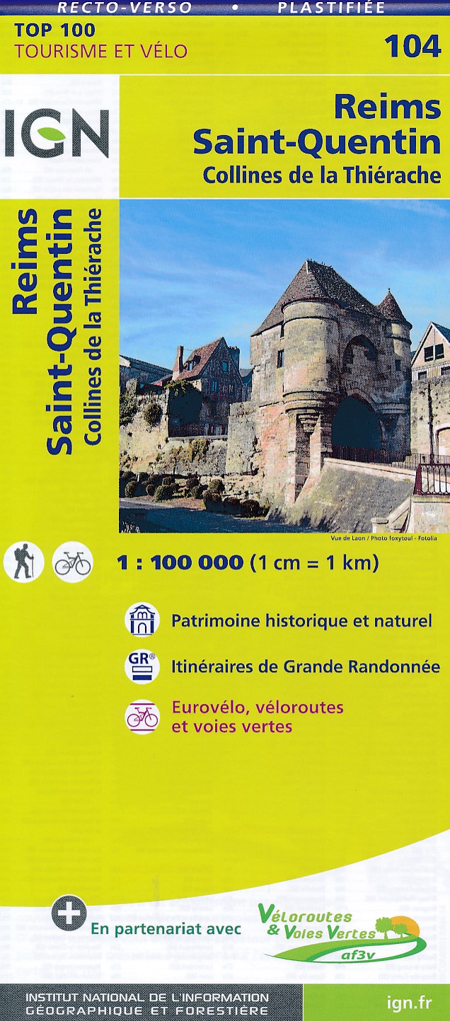 Online bestellen: Fietskaart - Wegenkaart - landkaart 104 Reims - Saint-Quentin | IGN - Institut Géographique National