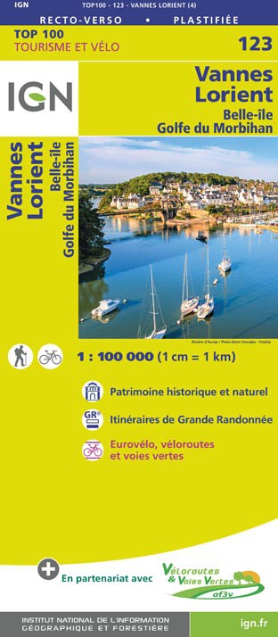 Online bestellen: Fietskaart - Wegenkaart - landkaart 123 Vannes - Lorient | IGN - Institut Géographique National