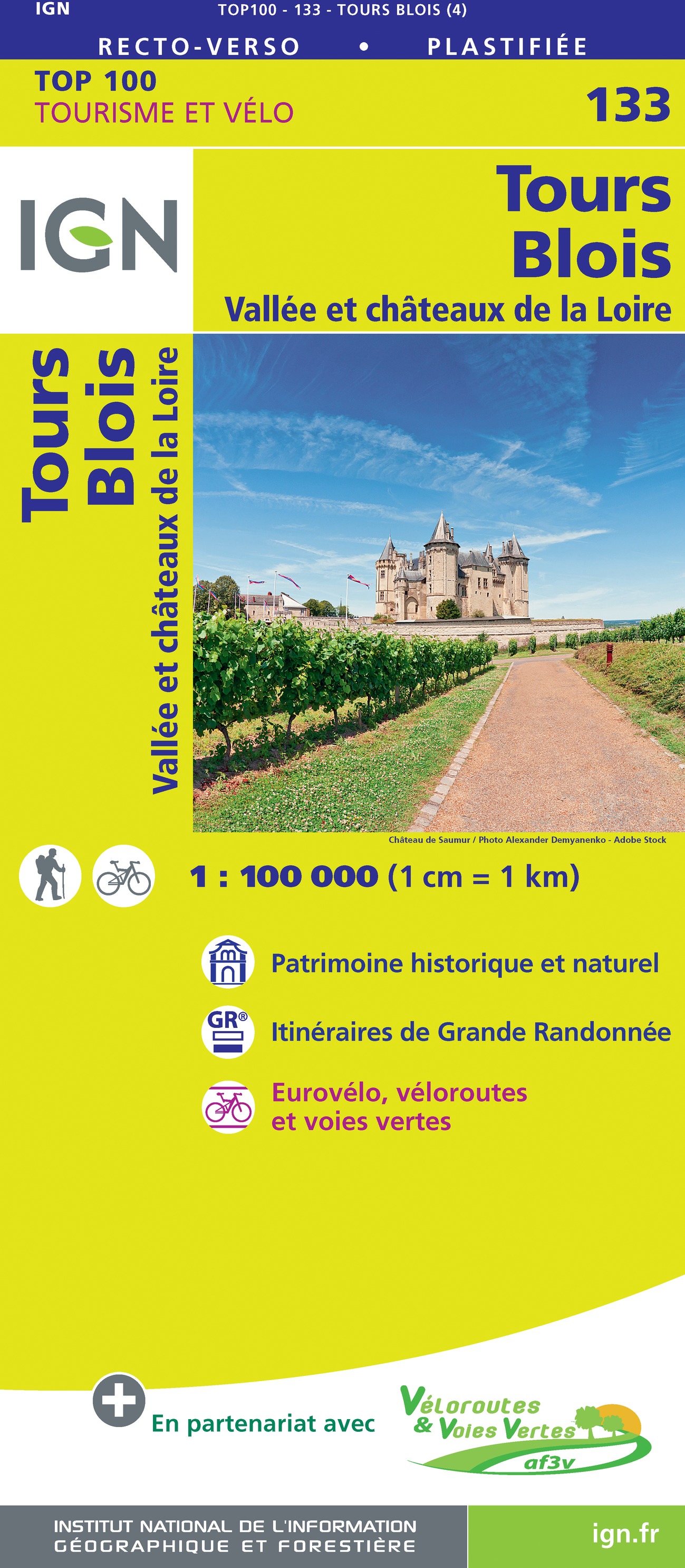 Online bestellen: Fietskaart - Wegenkaart - landkaart 133 Tours - Blois | IGN - Institut Géographique National
