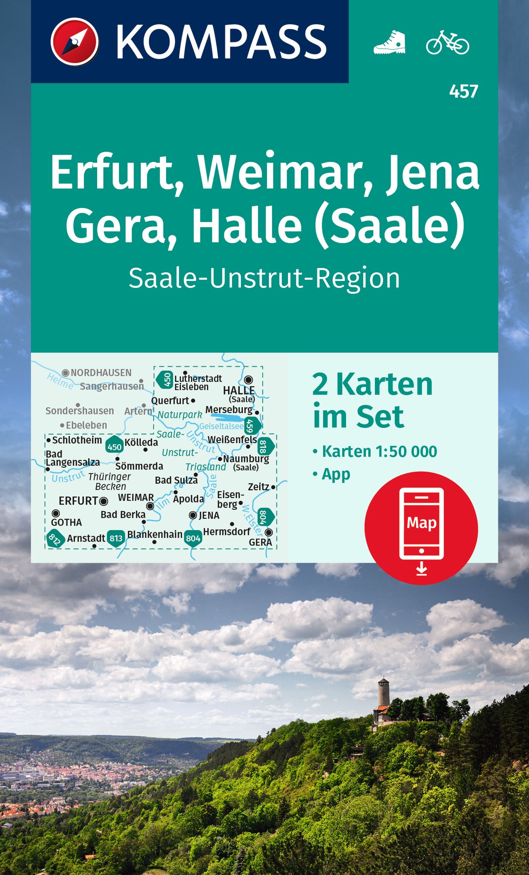 Online bestellen: Wandelkaart 457 Erfurt - Weimar - Jena - Gera - Halle (Saale) | Kompass